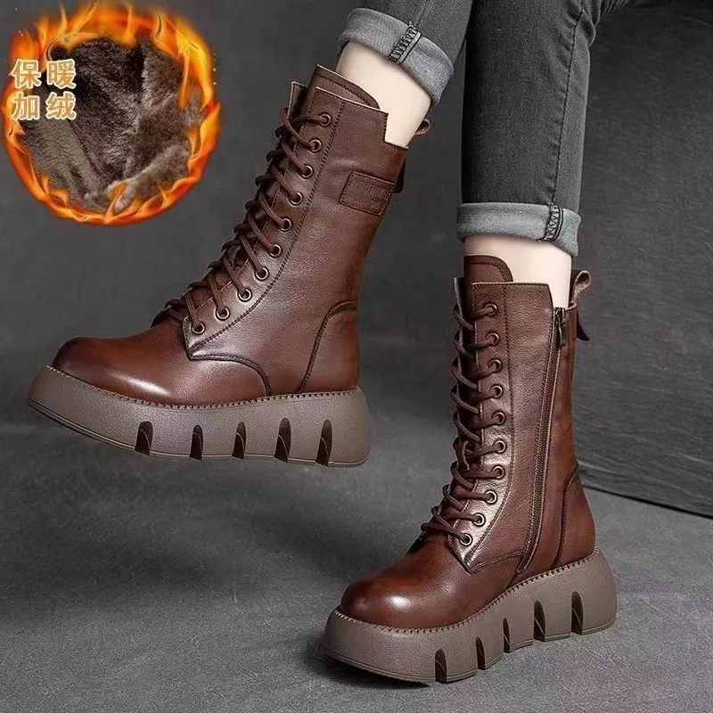 

2026 winter high top belt buckle sponge sole brown single boots British women's boots