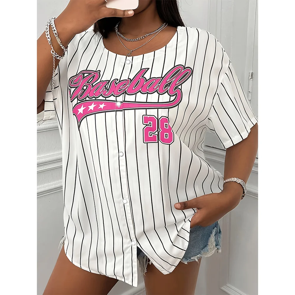 

New Sports Plus Size Women's Letter Striped Round Neck Shoulder Loose Breathable Casual Slightly Elastic Sport Baseball Jersey