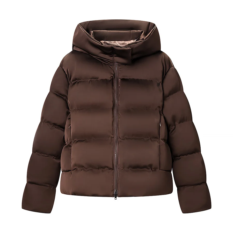 

Women's Brown Puffer Jacket Hooded Design Full Sleeve Zipper Quilted Fabric Coat Winter Casual Outings Daily Wear Cold Weather