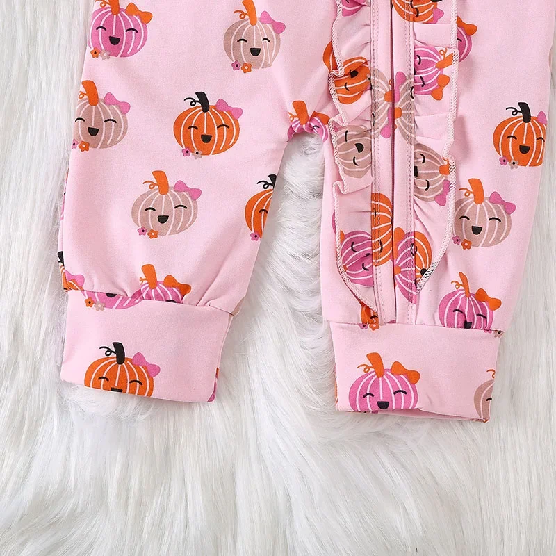 Baby Girls Halloween Romper Pumpkin Print Ruffles Zipper Long Sleeve Jumpsuits Headband Newborn Clothes 0-12M