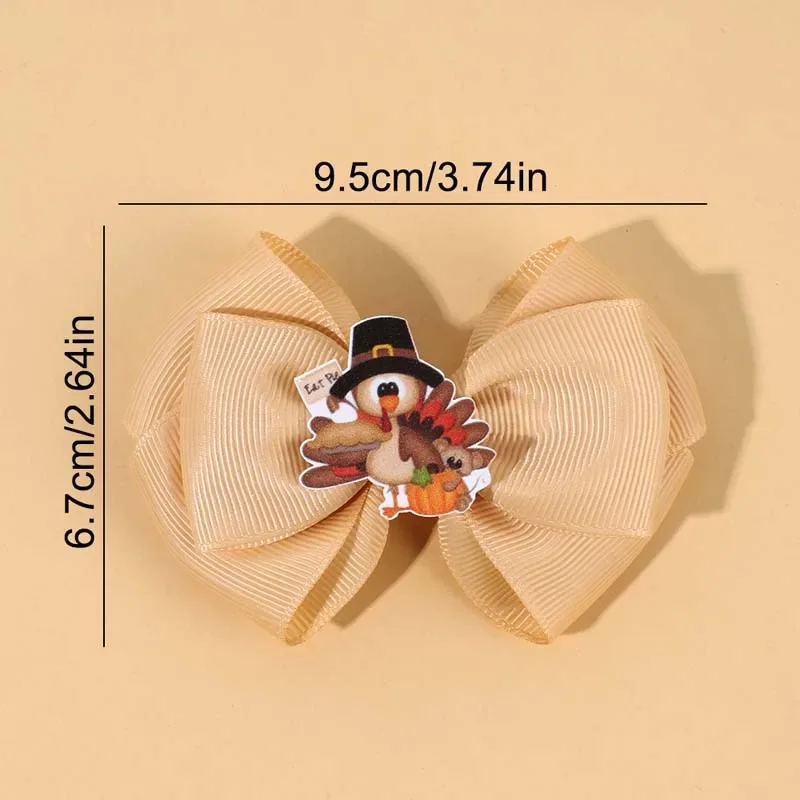 ncmama 2Pcs Thanksgiving Turkey Hair Clip Solid Color Ribbon Bow Hairpin for Baby Girl DIY Barrettes Fashion Hair Accessories