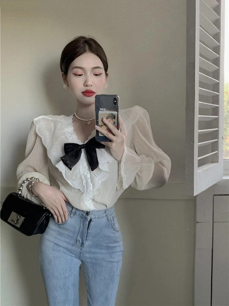 ReddaChic Medieval Retro Bowtie Chiffon Shirt Women Frill Lace Trim Puff Sleeves Ruffle Neck Textured Blouse Top Summer Clothes