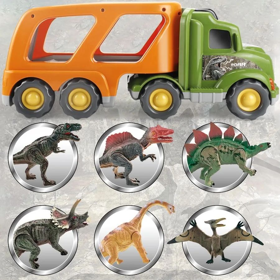 

Toy Dinosaur for 2 3 4 Years Old Boys and Girls; Car Transport Truck with Sound and Light; 6 Pack of 5'' Dinosaur Toys; Educati