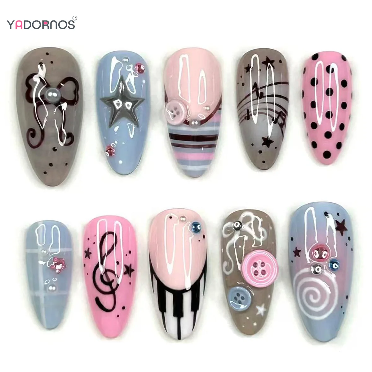 30pcs Y2k Sweet Girls False Nails Pink Blue Stripe French Style Almond Fake Nails Button Bows Musical Notes Design Press On Nail