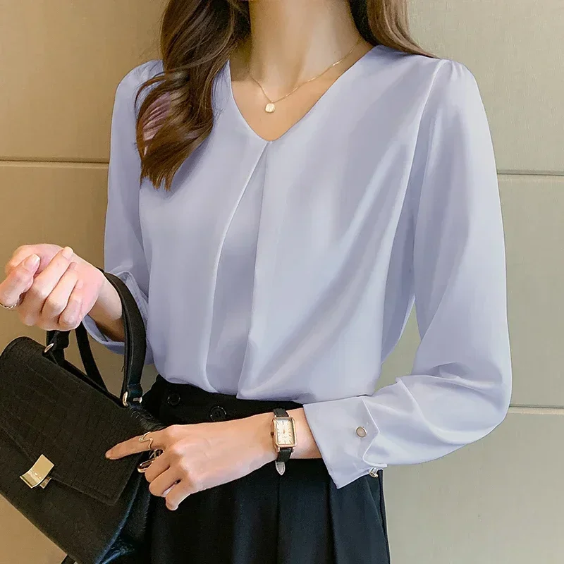 

New Retro Pullover White Long Sleeve Solid Color Shirt Women's Simple Blue Tops and Blouses Chiffon Elegant Fashion Spliced Tops