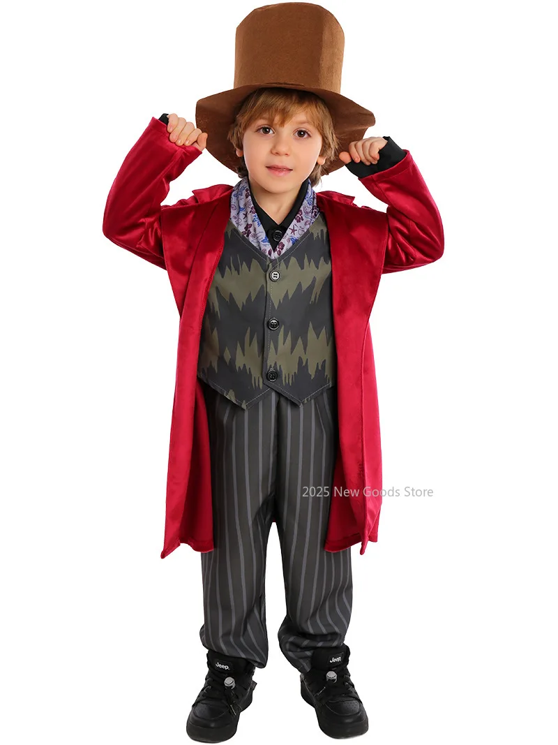 

Cartoon Character Charlie Cosplay red Suit Chocolate Factory Costume Birthday Party Boy Carnival Party halloween