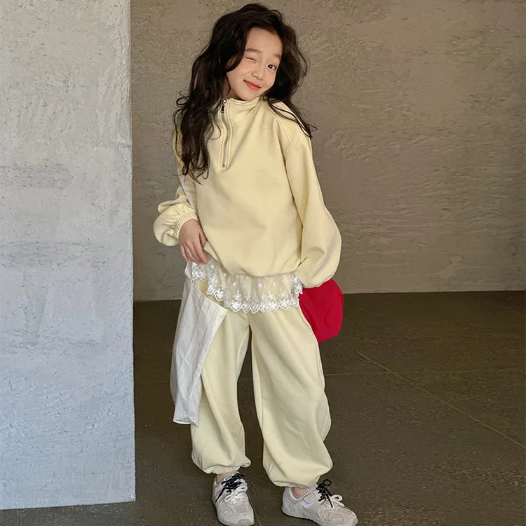 

Children Girls 2pcs Set Autumn Half Zipper Long Sleeves Top+Lace Patchwork Sweatpant 4-14Y Girls Tracksuit Kid Girl Casual Suits