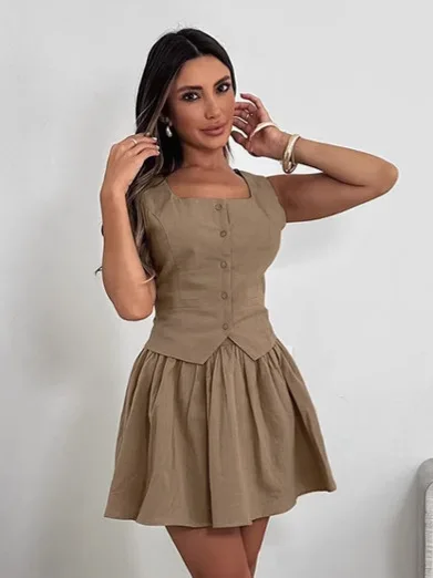 

Women's French Style Cotton Linen Waistcoat A Line Skirt Set 2026 Summer Khaki Two Piece Suits