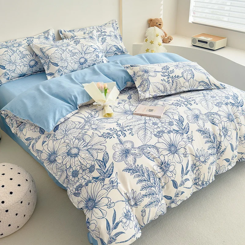 Floral Duvet Cover Set Queen Cottagecore White Blue Flower Leaf Comforter Cover 3Pcs Soft Thickened Pastoral Garden Bedding Set