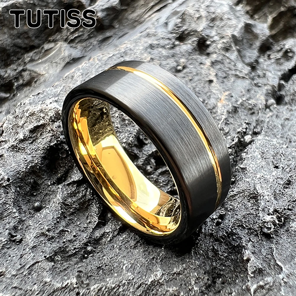 TUTISS Fashion 6MM 8MM Men Women Gold Color Tungsten Carbide Wedding Ring Brush Surface Offset Groove Comfort Fit