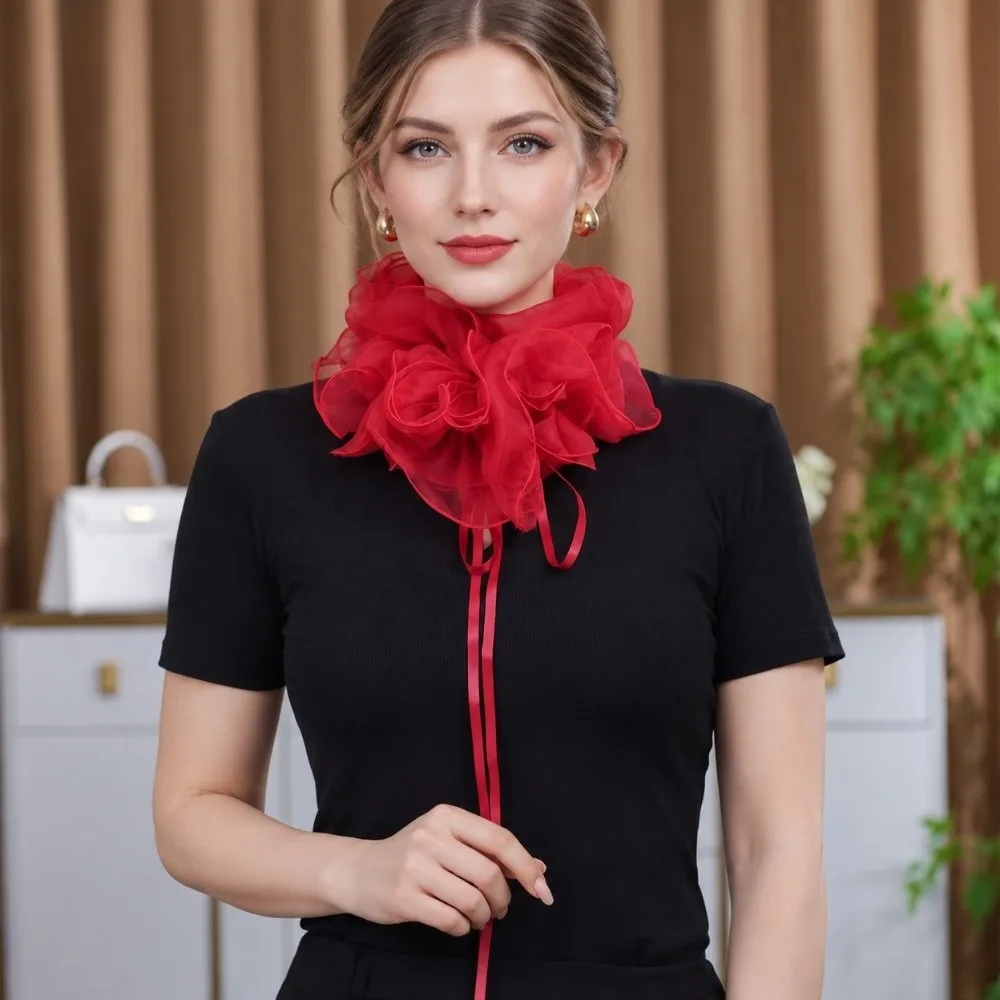 Layered Ruffled False Collar Exquisite Elegant Neck Ruff Faux Collar Three-Dimensional Flower Shape Tulle Detachable Collar