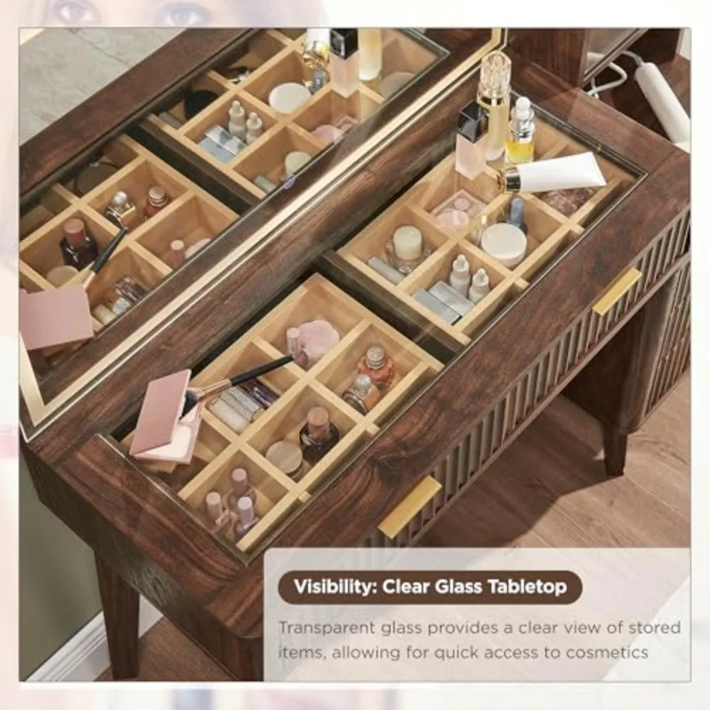 48" Fluted Makeup Vanity Desk with 36" Lighted Mirror, Dark Walnut | Smart LED Mirror, Visible Glass Top, 5 Drawers & image 5