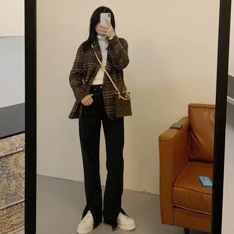 S-5XL ジーンズ女性インフロントスリットソリッドミニマリストヴィンテージフィットハイウエストオルオールマッチ女性レトロデニムカジュアルスタイリッシュ