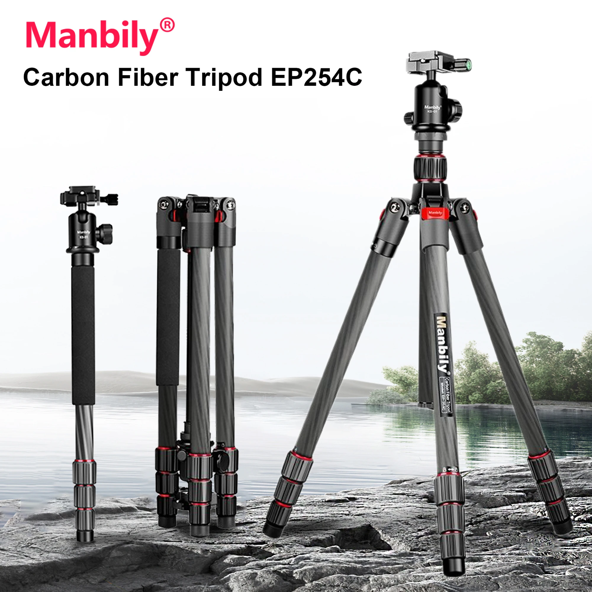 Manbily Lightweight EP-254C Carbon Fibre Tripod Portable Travel Professional Camera Stand with Ball Head for DSLR Cameras Phone