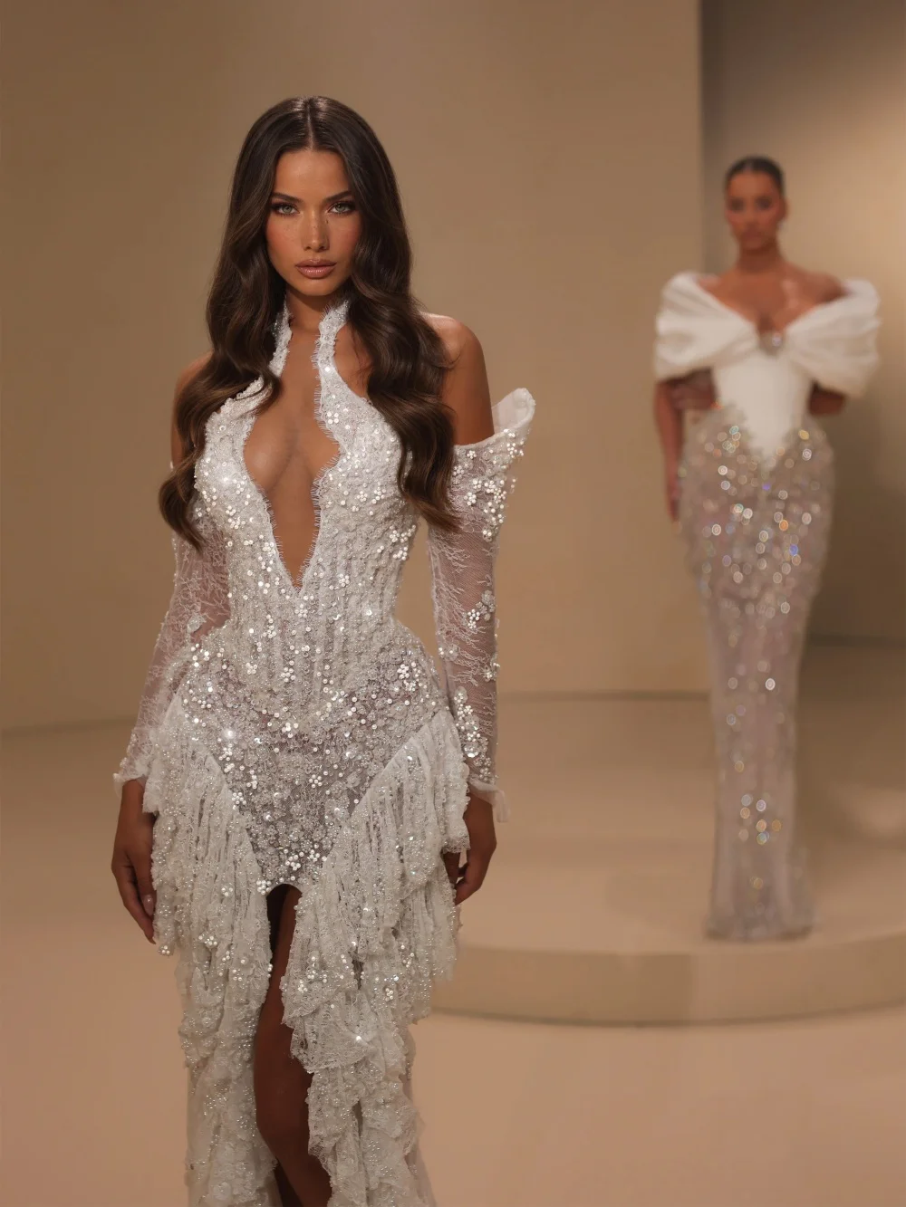 Tiered Lace Beaded Wedding Dress Sexy Halter High Slit Bridal Gown Customized Opulent Dreamy Off Shoulder Dresses For Bride