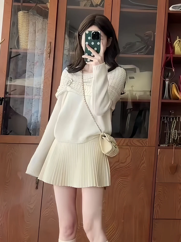 

Unique Ele 2026 New Design Knitted Sweater And Skirt Set Small Fraance Sle Long Sve High Waist Midi Skirt Two Piec...