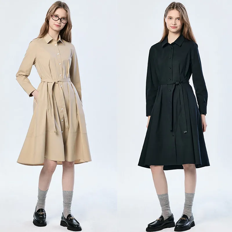 

MICOAT British Style Shirt Dress Button up Tie Waist Long Sleeve Mid-Length Loose Fit Casual Fashion Women's Dress