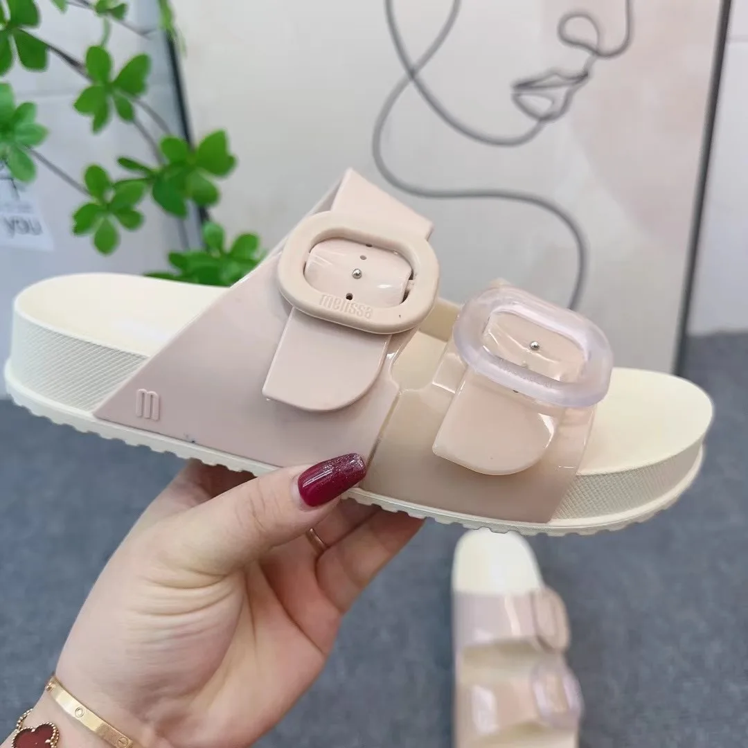 Mini Melissa Women\'s Fashion Sandals Ladies Double Straps Flat Bottomed Flip Flops Adult Girls Color-matching Casual Beach Shoes