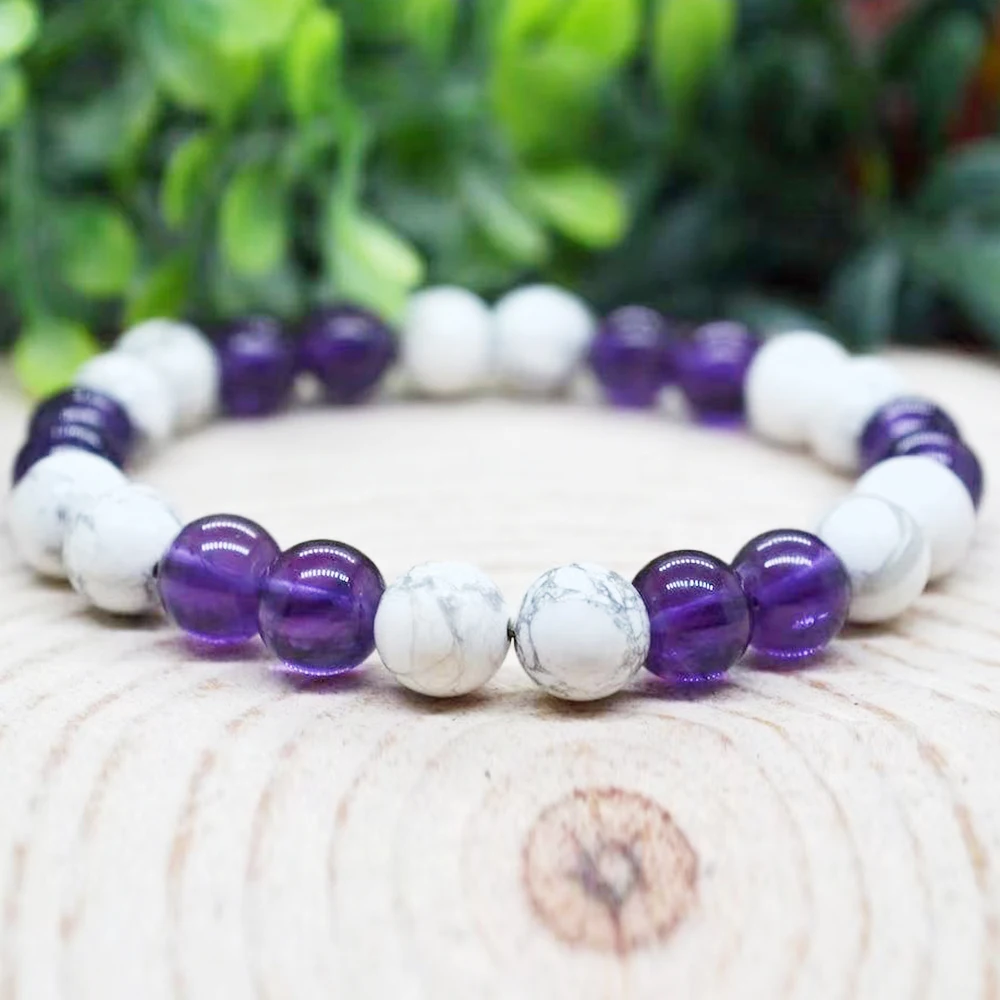 

MG1977 8 MM Amethyst White Howlite Mixed Bracelet Womens Beaded Gemstone Yoga Mala Energy Healing Crystals Jewelry