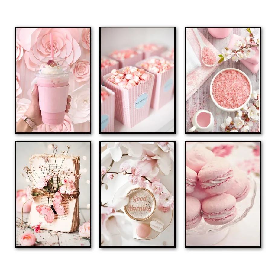 Art mural de gâteau de crème glacée de fleur rose, peinture de toile, affiches et copies nordiques, image pour la chambre à coucher, décoration à la maison esthétique