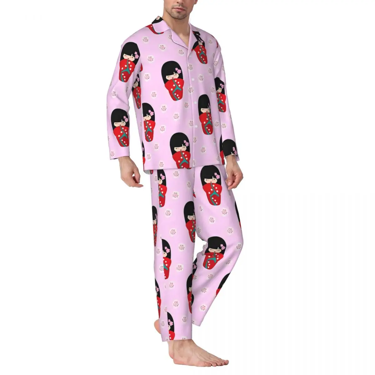 Bonecas japonesas conjuntos de pijama vermelho kokeshi moda pijamas casal mangas compridas casual lazer duas peças casa terno tamanho grande 2xl