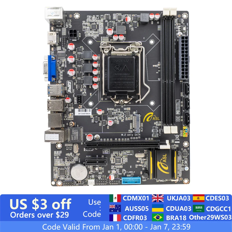 ASL B75 M-ATX LGA 1155 Motherboard Support Intel Core 2nd 3rd Generation Processor Dual Channel DDR3 Memory M.2 SATA SSD USB 3.0