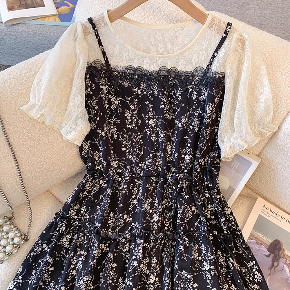 NYFS 2025 الصيف الكورية نمط فستان طويل فضفاض للنساء حجم كبير الدانتيل المرقعة الأزهار قصيرة الأكمام فستان امرأة رداء Elbise