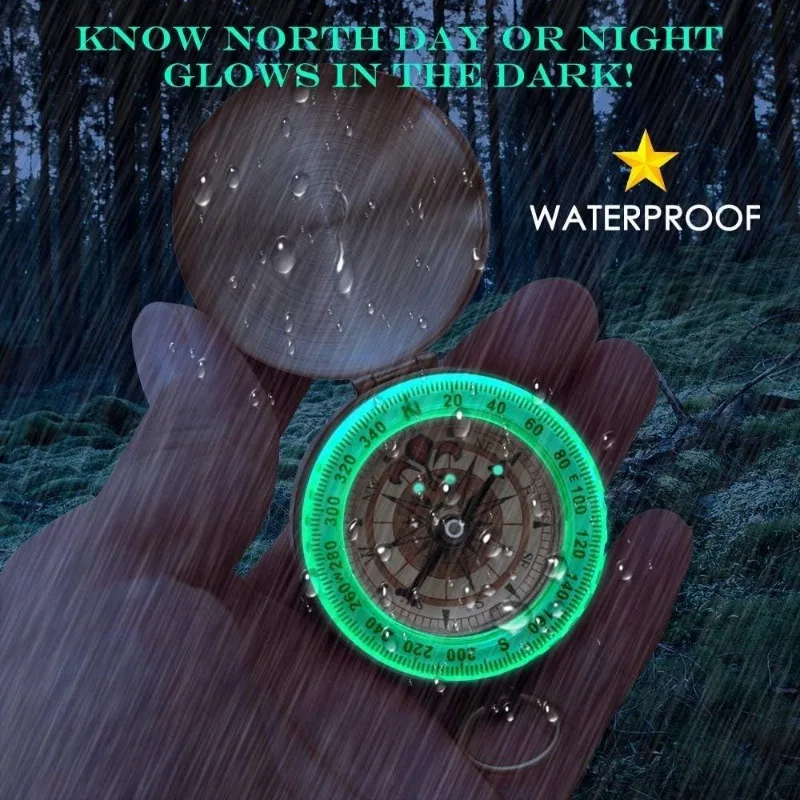 Camping Survival Pocket Compass - Heavy Duty Copper Clamshell Waterproof Glow-in-the-Dark Kids Compass