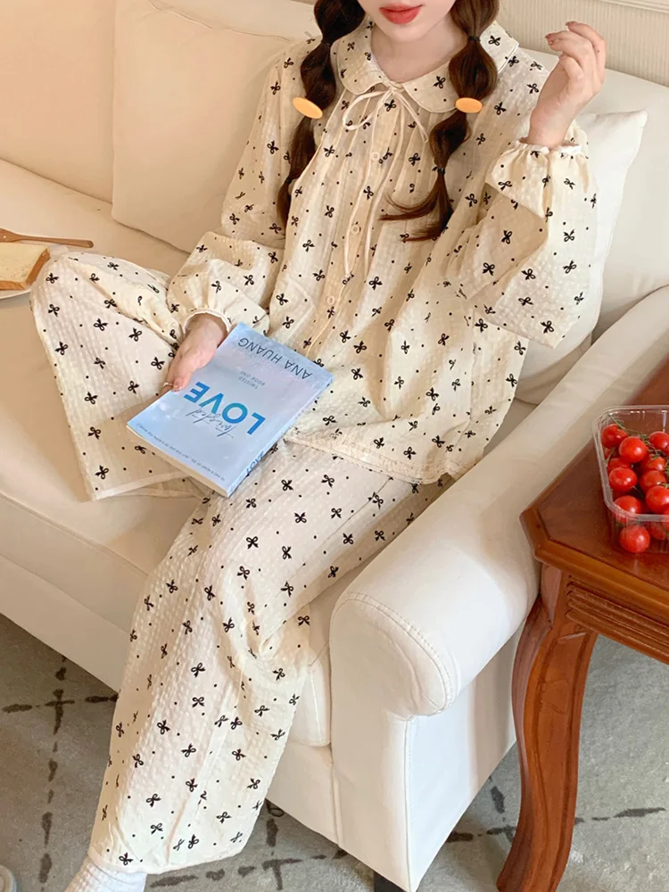 New Winter Cute Print Girlish Style Vintage Loose Long Sleeve Pajama Set Women Lace Elegant Casual  Comfortable Lazy Sleep Tops