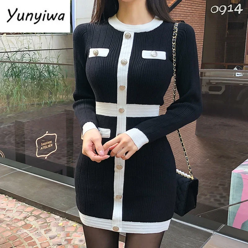 New Knitted Bodycon Long Sleeve dresses for women Fall Mini Sweater Vintage Black Office Korean Short Elegant vestido de mujer