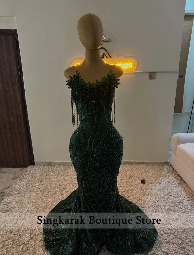 

Glitter Emerald Green Gems Long Prom Dresses 2026 Blackgirl Aso Ebi Beaded Diamonds Evening Gowns Birthday Party Dress Customize