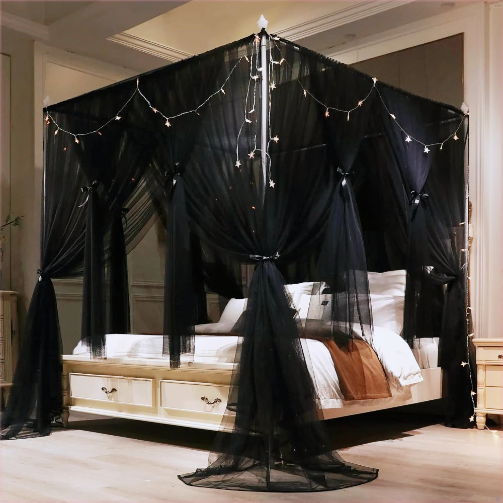 

Двухслойный балдахин для кровати «Принцесса» с 4 отверстиями, уютная сетка-драпировка, декор (двойной черный, 135 см Ш*198 см Д*208 см В/(полный размер))