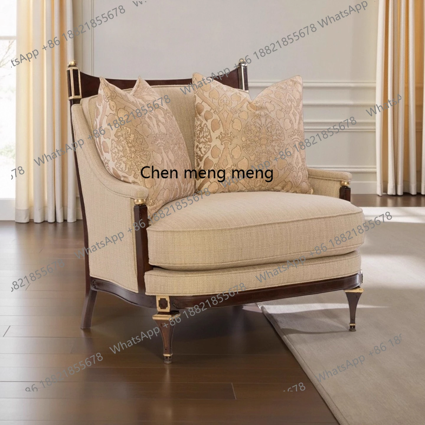 Retro solid wood sofa Neoclassical living room single, casual sofa chair