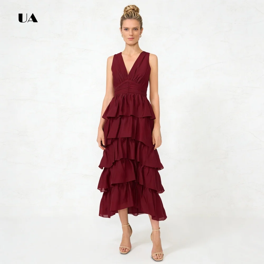 

ULBYANRY Sleeveless Prom Dress with Tiered Ruffles, Solid V-neck Evening Dresses for Women, Simple Customized Party Gown