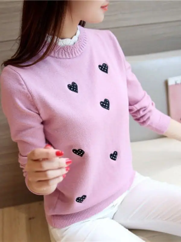 

Women's Loose Knitted Sweater Embroidered Heart Lazy Sle f High Collar Overhead Versatile Knitwear Base irt