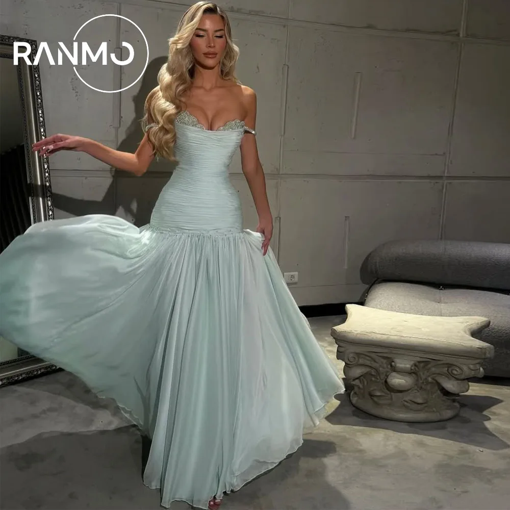 

Ranmo синее шифоновое вечернее платье с открытыми плечами Русалка платья для торжественных случаев элегантные аппликации платья для выпускного вечера по индивидуальному заказу