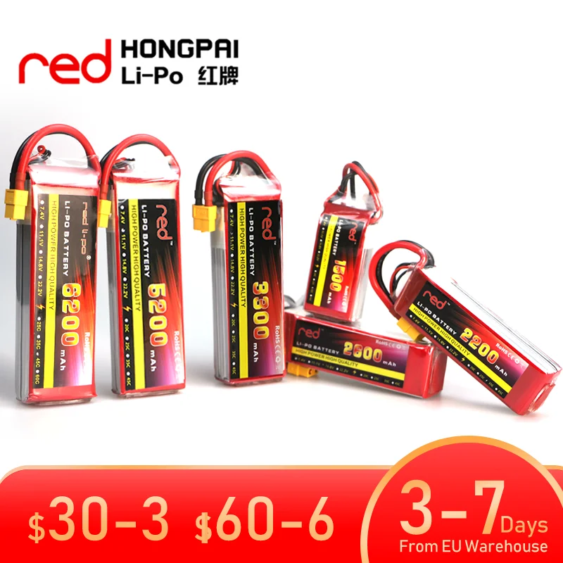 

Red RC LiPo Battery 14.8V 4S 1500 1800 2600 3300 4200 5000 5200 6200mAh For RC Aircraft Helicopter Quadroto Airplane Drone