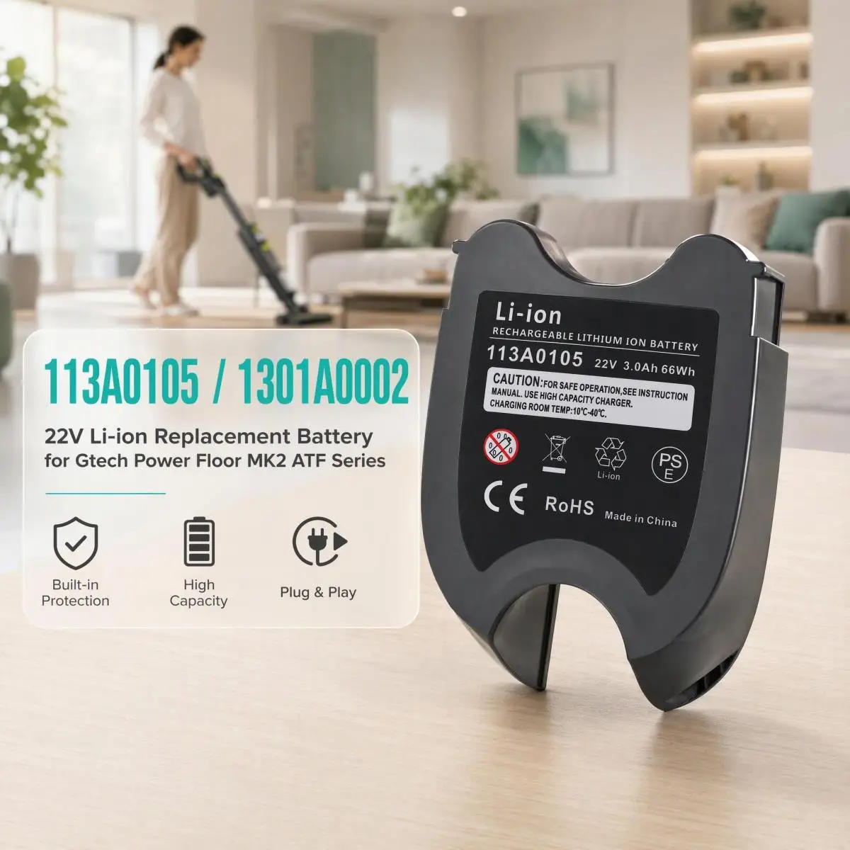 1301A0002 113A0105 22V Li-ion Replacement Replacement Battery for Gtech Power Floor MK2 ATF Series Cordless Stick Vacuum Cleaner