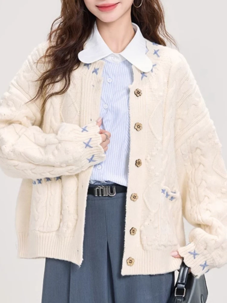 

Korobov Winter Korean Sweet Single Breasted Long Sleeve Solid All Match Loose Pockets Knitted Cardigan