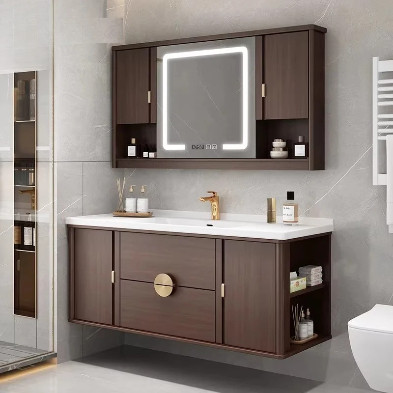 

Новая комбинация умной тумбы для ванной комнаты с интегрированной керамической раковиной из китайского дуба, современный простой дизайн.