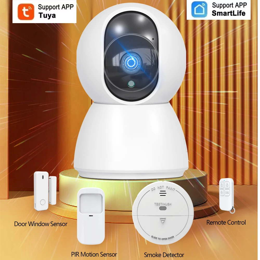 Tuya 3MP IOT Home Security Network Alarm Camera, Paired with PIR Wireless Door Magnet, Motion Sensor, Alarm Remote Control Night