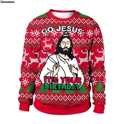 Men Women Go Jesus It's Your Birthday Xmas Sweatshirt 3D Digital Print Ugly Christmas Sweater Pullover Holiday Party Jumper Tops