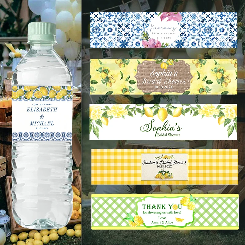 Lemon and Blue Tiles Water Bottle Wine Stickers Labels Custom Lemon Love Bridal Shower Baby Shower Party Bottle Wraps Stickers