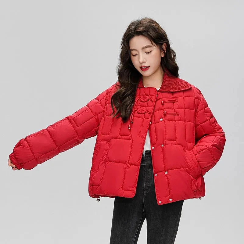 

Winter Warm Cotton-padded Clothes Womens Fashion Loose Turn Down Collar Down Jackets Ladies Casual Vintage Coats Thicken Parkas