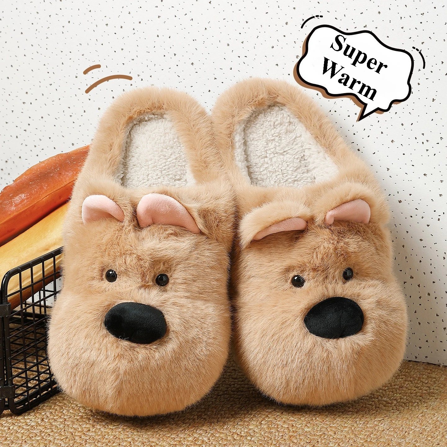 

Cute Cartoon Dog Indoor Fluffy Slippers For Women Winter Platform Shoes Warm Faux Fur Thick Sole Female Home Floor Cotton Slides