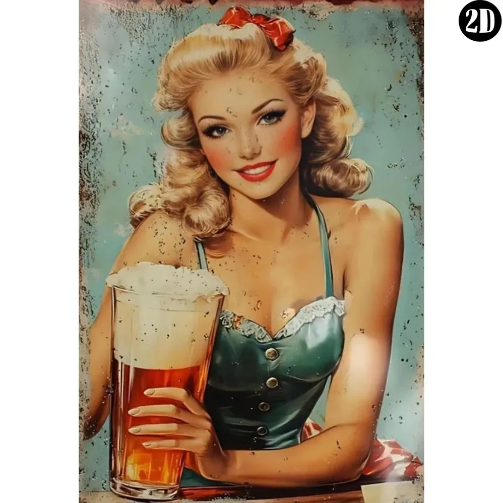 Vintage Metal Tin Sign, Retro Pin‑Up Girl With Beer Mug Rust‑Style Wall Decor For Bar Pub Garage Man‑Cave