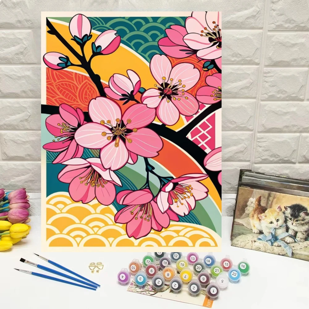 Oil Painting By Numbers Abstract Japanese Sakura Canvas Art Wall Decor for Bedroom or Living Room Unique Gift