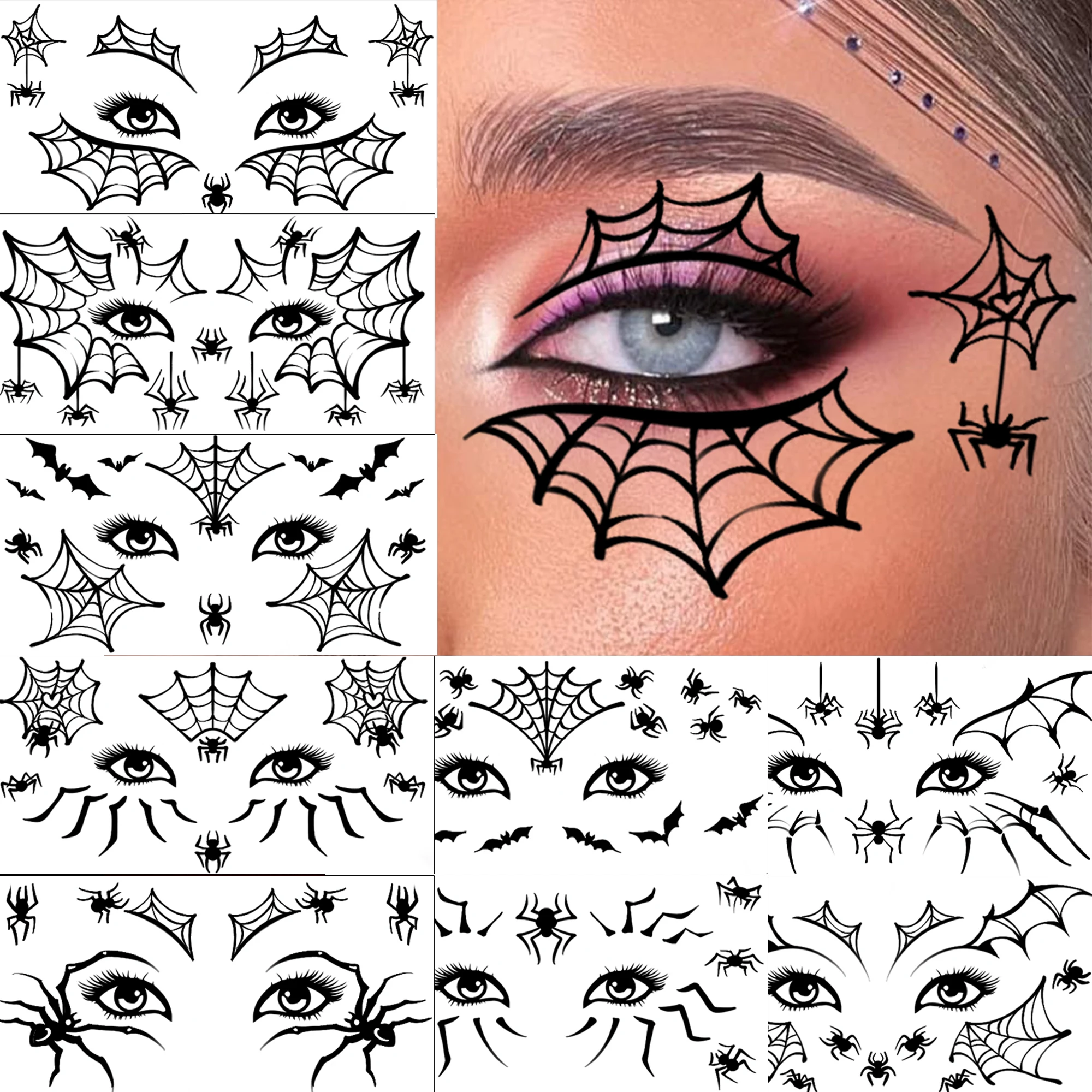 1 Sheet Horrible Spider Web Fake Tattoo Eyeliner Eye Shadow Tattoo Halloween Temp Tattoo, Waterproof Durable Fake Tattoo Sticker