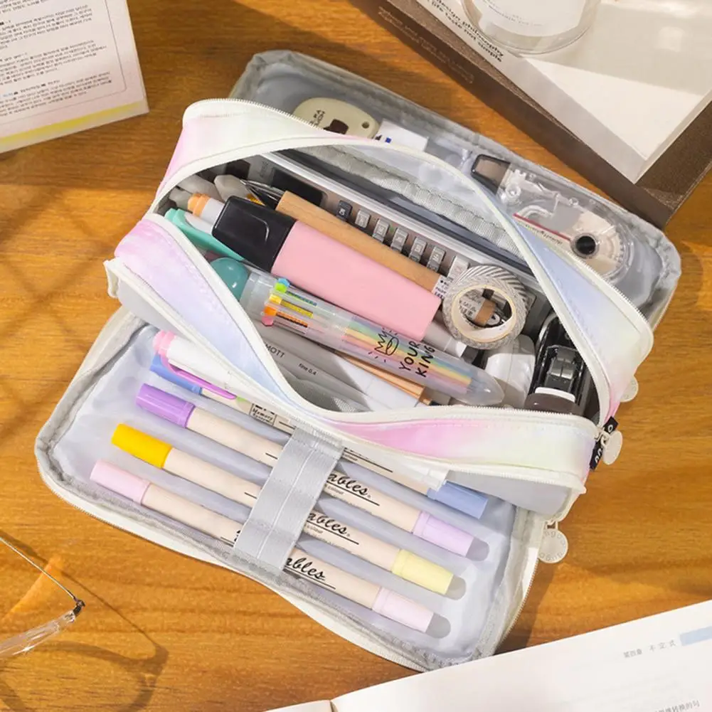 Kantong Gadget spidol tiga lapis gradien, tas pena warna gradien, kapasitas ritsleting portabel untuk anak perempuan, perlengkapan sekolah Ideal, kantong Gadget penanda