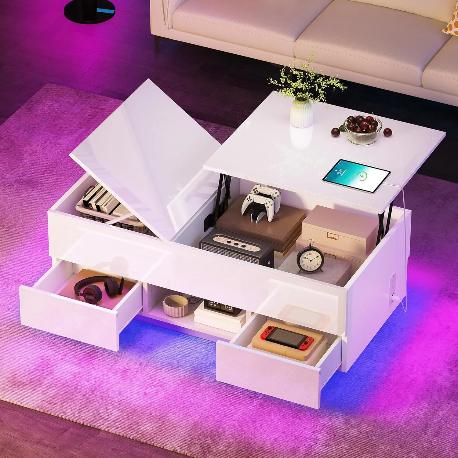 

Современные журнальные столики-трансформеры с LED-подсветкой для гостиной, с розетками и зарядной станцией, 2 отсека для хранения, на заказ